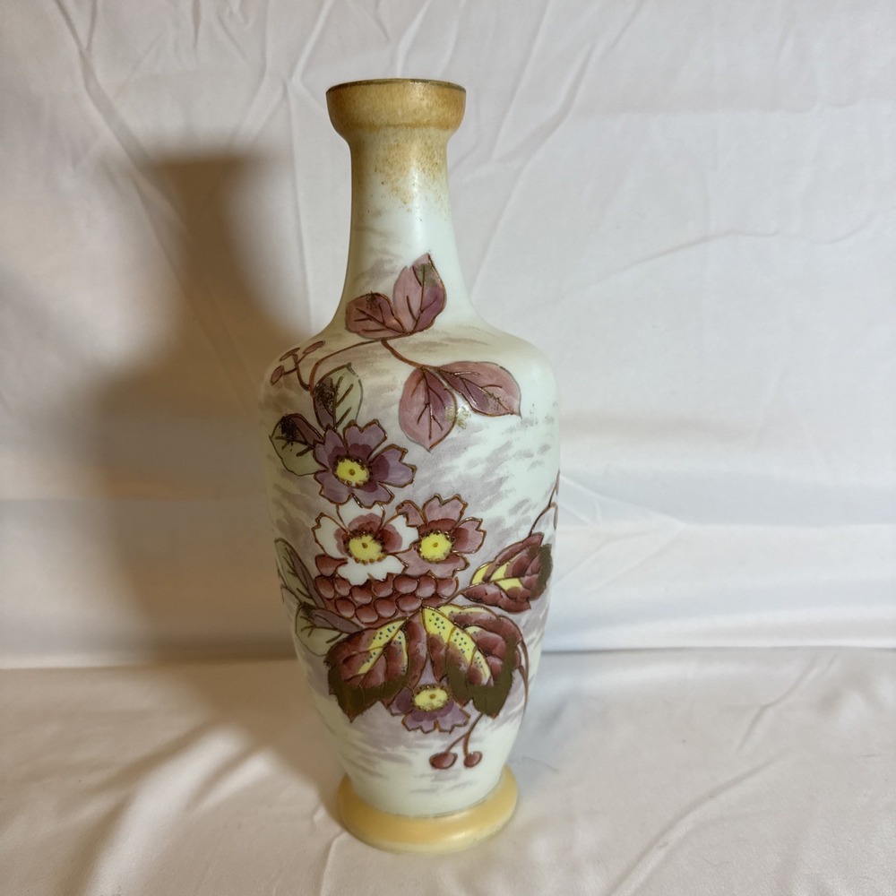 Vintage Hand Painted Milk Glass Opaline 10" Floral Vase Victorian Style 1950s